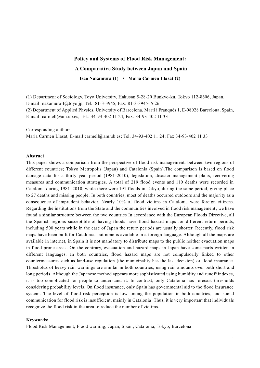 Policy and Systems of Flood Risk Management: a Comparative Study Between Japan and Spain