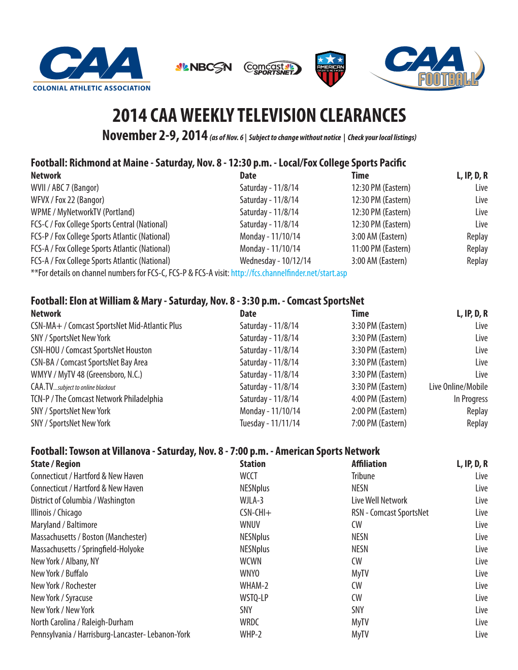 2014 CAA WEEKLY TELEVISION CLEARANCES November 2-9, 2014 (As of Nov