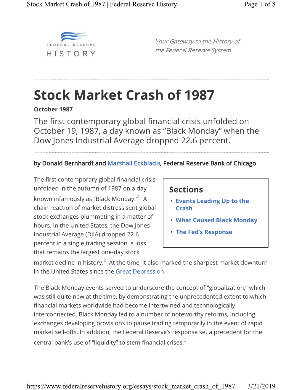 Stock Market Crash of 1987 | Federal Reserve History Page 1 of 8