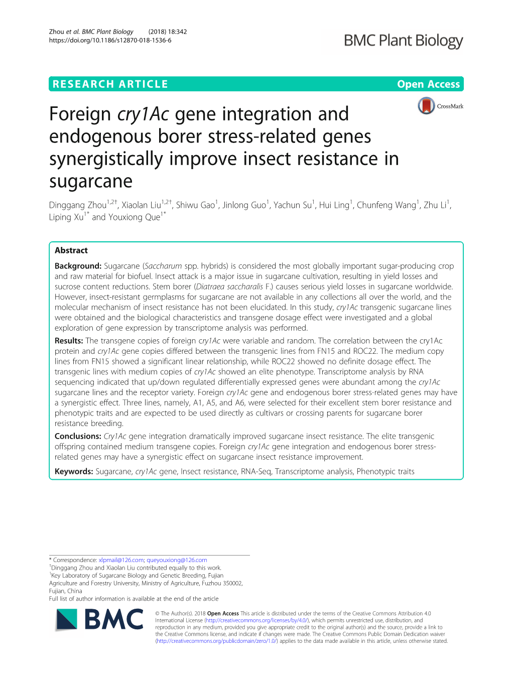 Foreign Cry1ac Gene Integration and Endogenous Borer Stress-Related