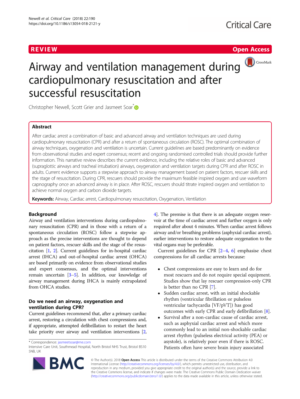 Airway and Ventilation Management During Cardiopulmonary Resuscitation and After Successful Resuscitation Christopher Newell, Scott Grier and Jasmeet Soar*