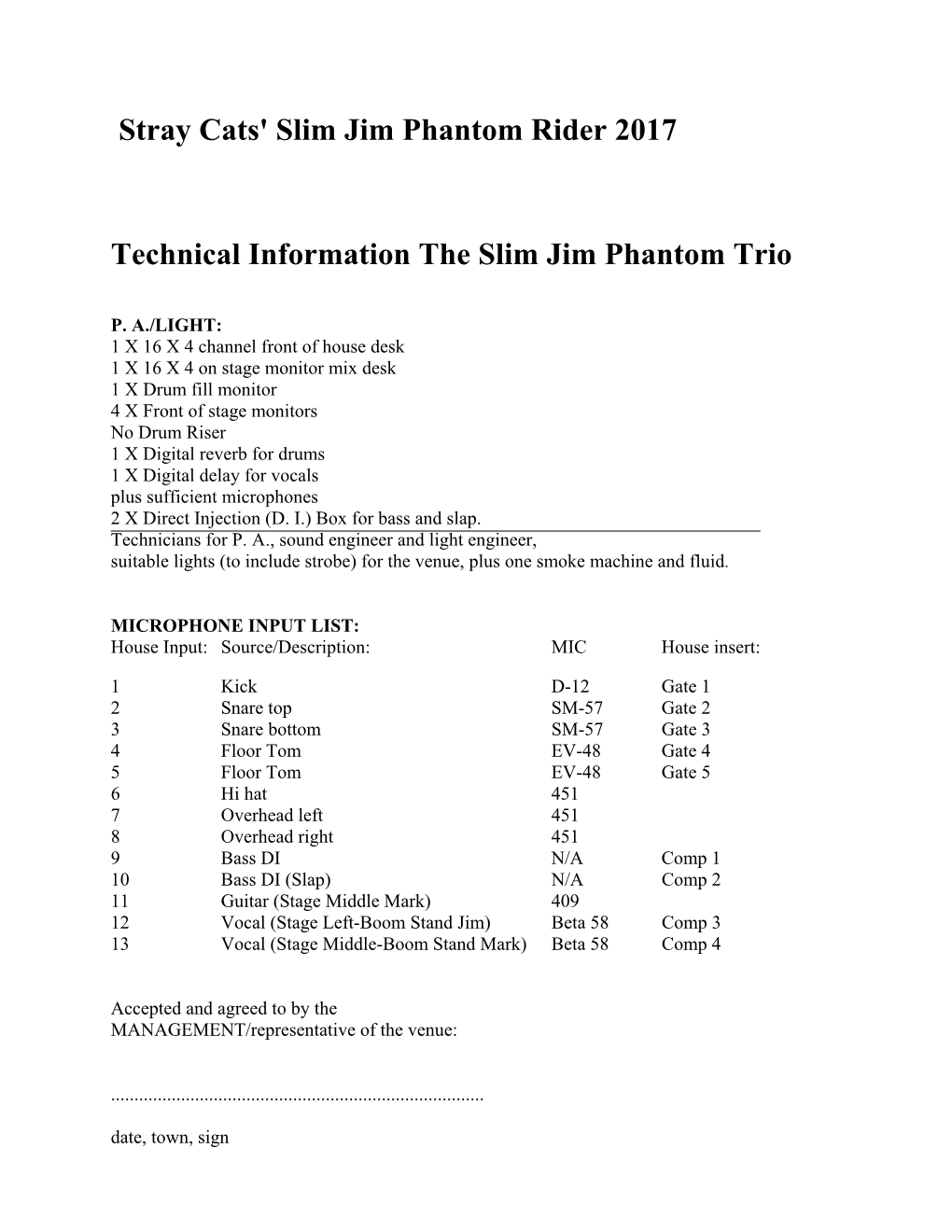 Stray Cats' Slim Jim Phantom Rider 2017 Technical Information The