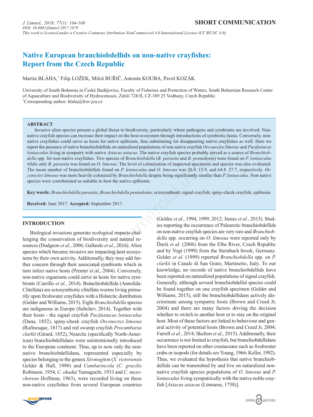 Native European Branchiobdellids on Non-Native Crayfishes: Report from the Czech Republic