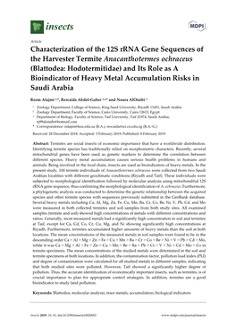 Blattodea: Hodotermitidae) and Its Role As a Bioindicator of Heavy Metal Accumulation Risks in Saudi Arabia