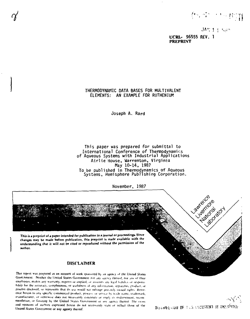 UCRL- 96555 Rtv. 1 PREPRINT THERMODYNAMIC DATA BASES for MULTIVALENT ELEMENTS