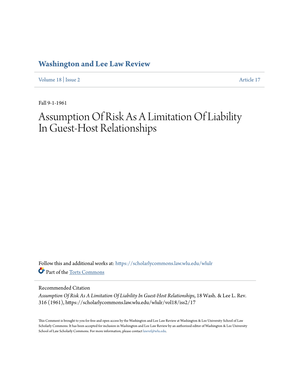 Assumption of Risk As a Limitation of Liability in Guest-Host Relationships