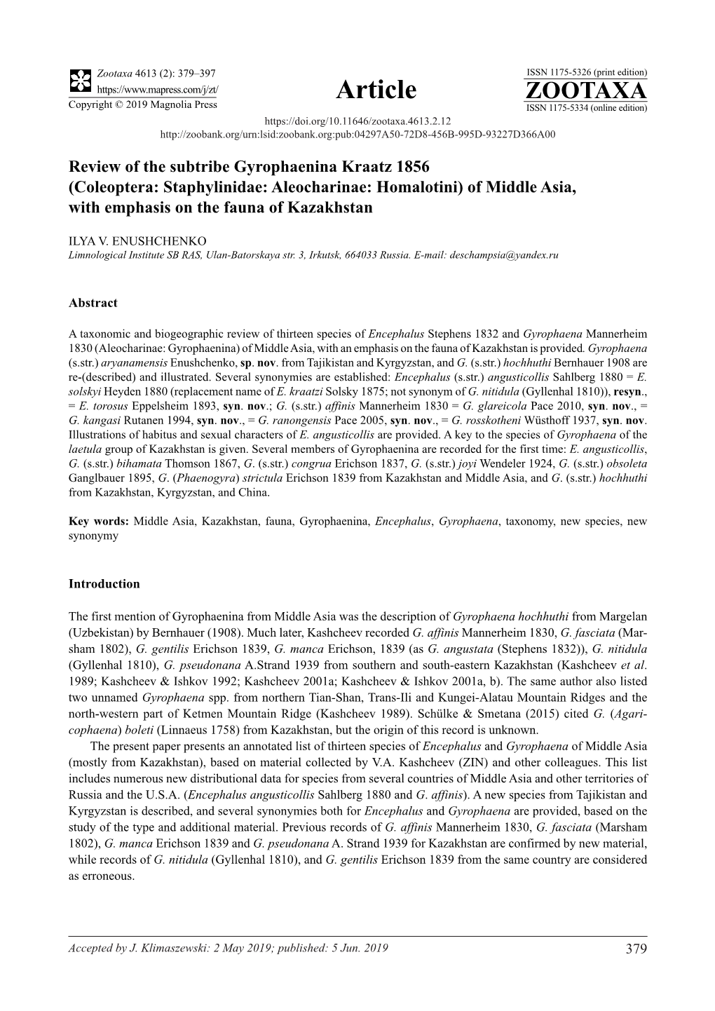 (Coleoptera: Staphylinidae: Aleocharinae: Homalotini) of Middle Asia, with Emphasis on the Fauna of Kazakhstan