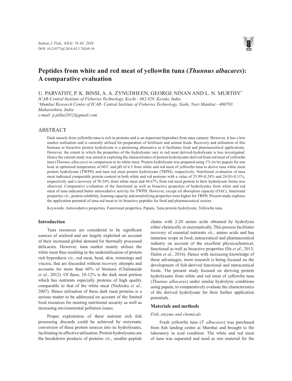 Peptides from White and Red Meat of Yellowfin Tuna (Thunnus Albacares): a Comparative Evaluation