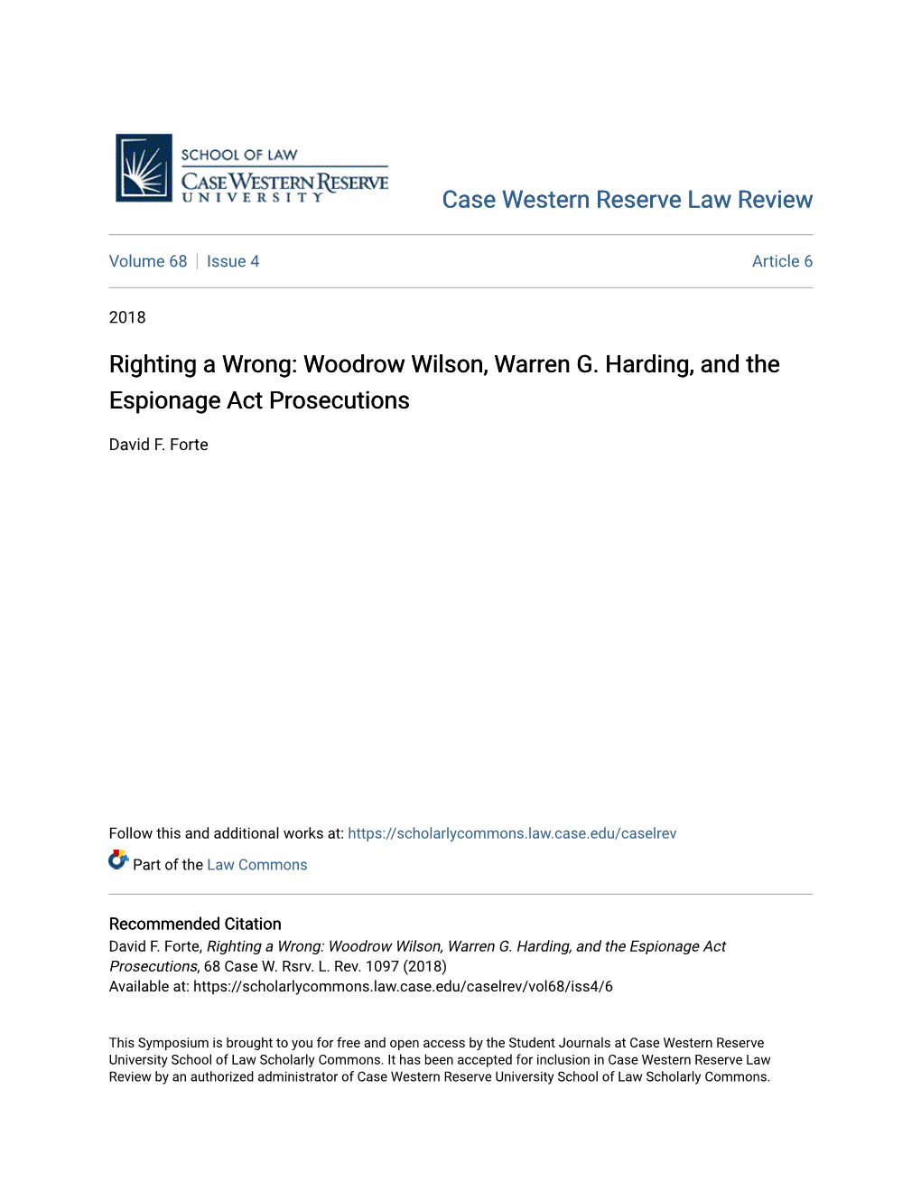 Woodrow Wilson, Warren G. Harding, and the Espionage Act Prosecutions