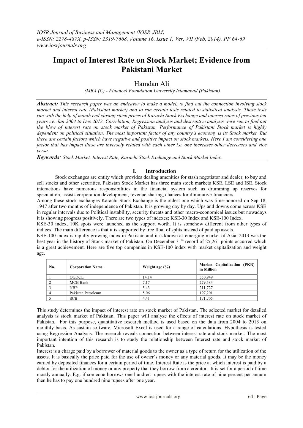 Impact of Interest Rate on Stock Market; Evidence from Pakistani Market