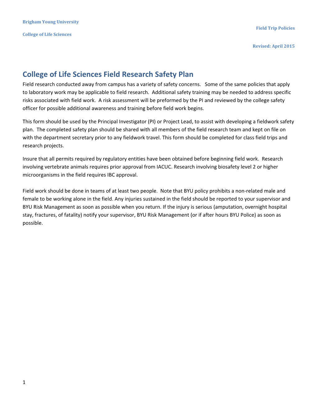 College of Life Sciences Field Research Safety Plan