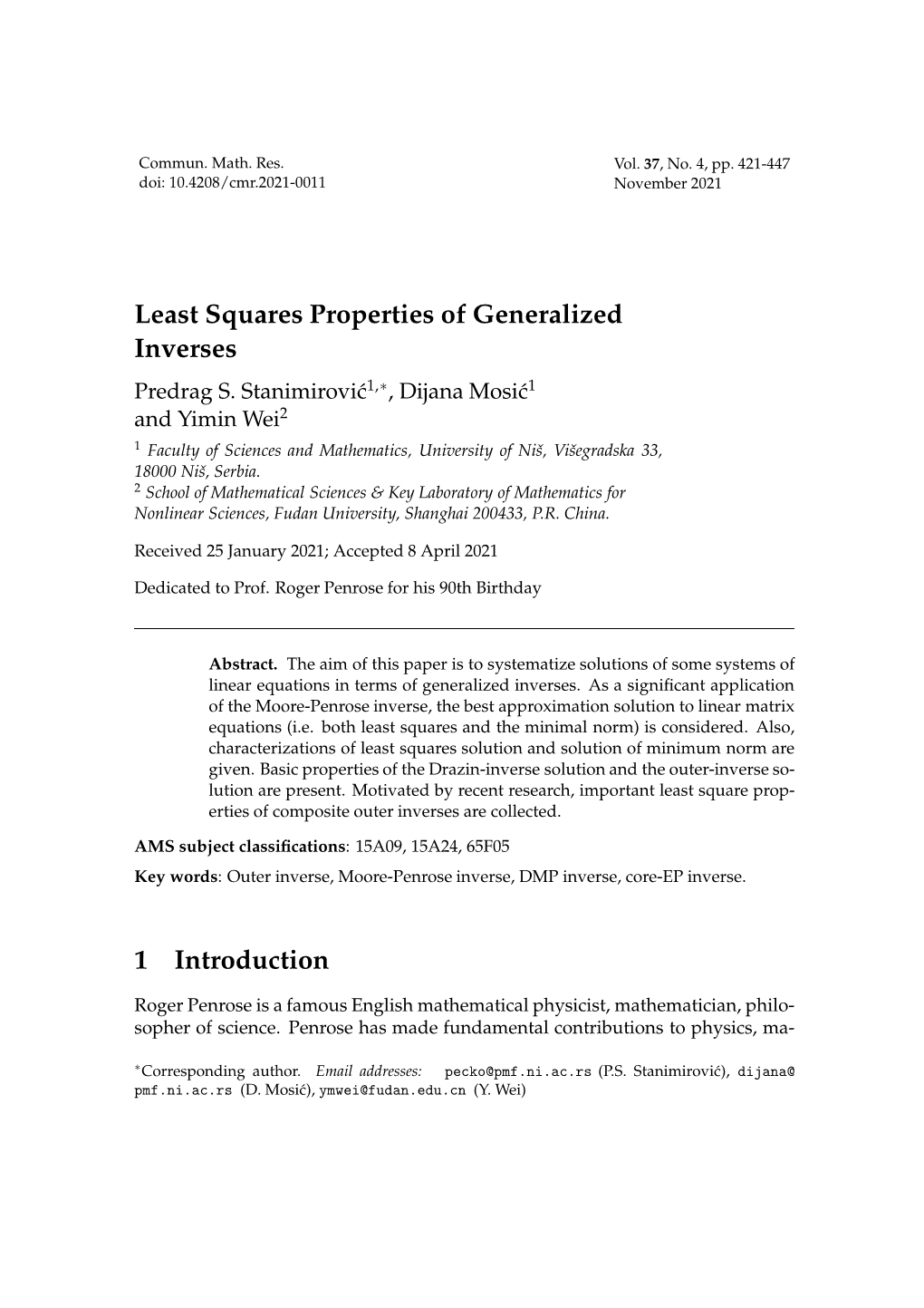 Least Squares Properties of Generalized Inverses 1 Introduction