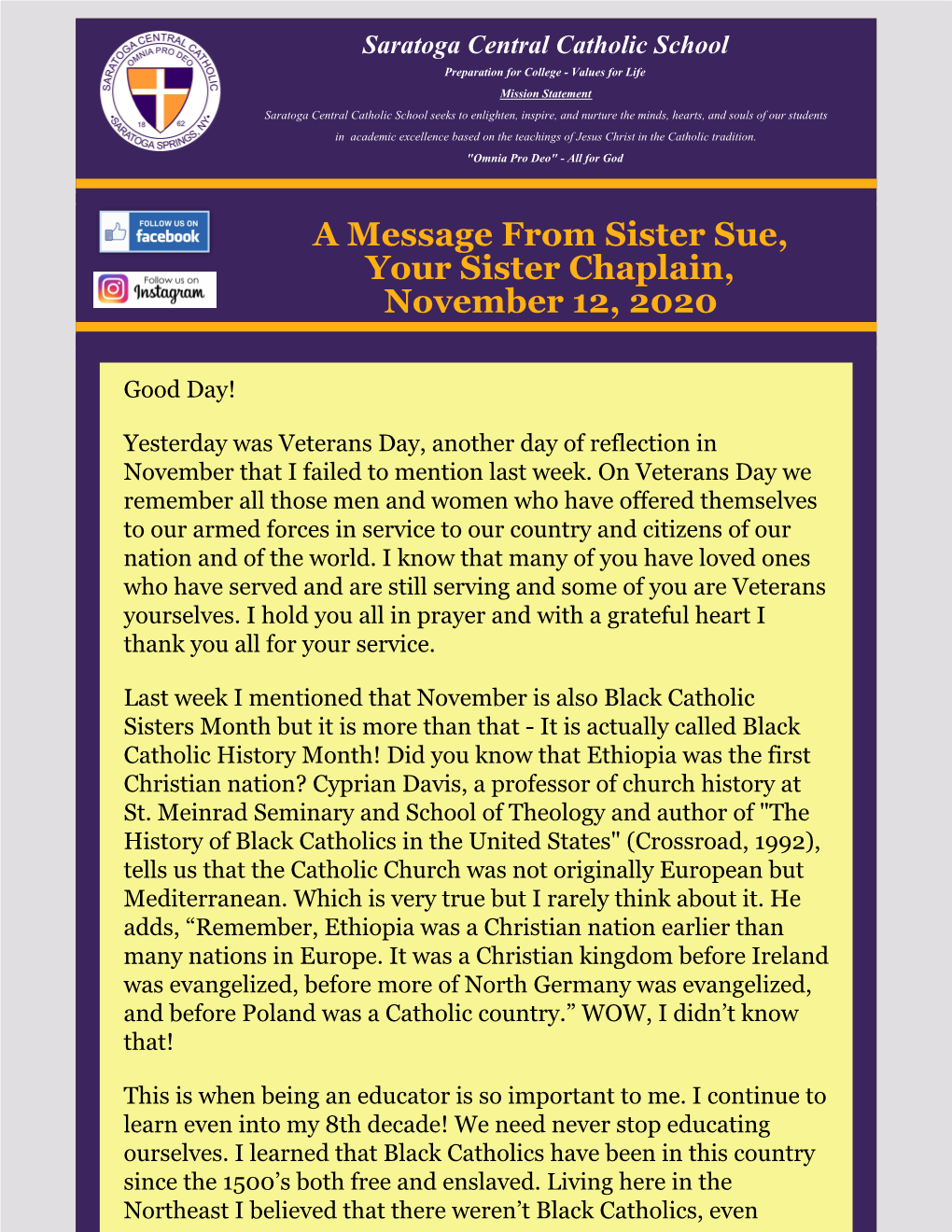 A Message from Sister Sue, ​Your Sister Chaplain, ​November 12, 2020