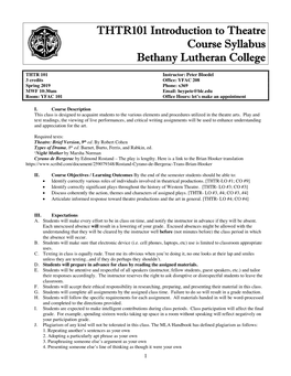 THTR101 Introduction to Theatre Course Syllabus Bethany Lutheran College