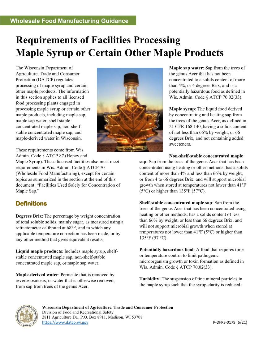 Requirements of Facilities Processing Maple Syrup Or Certain Other Maple Products