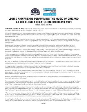 LEONID and FRIENDS PERFORMING the MUSIC of CHICAGO at the FLORIDA THEATRE on OCTOBER 3, 2021 Tickets Are on Sale Now