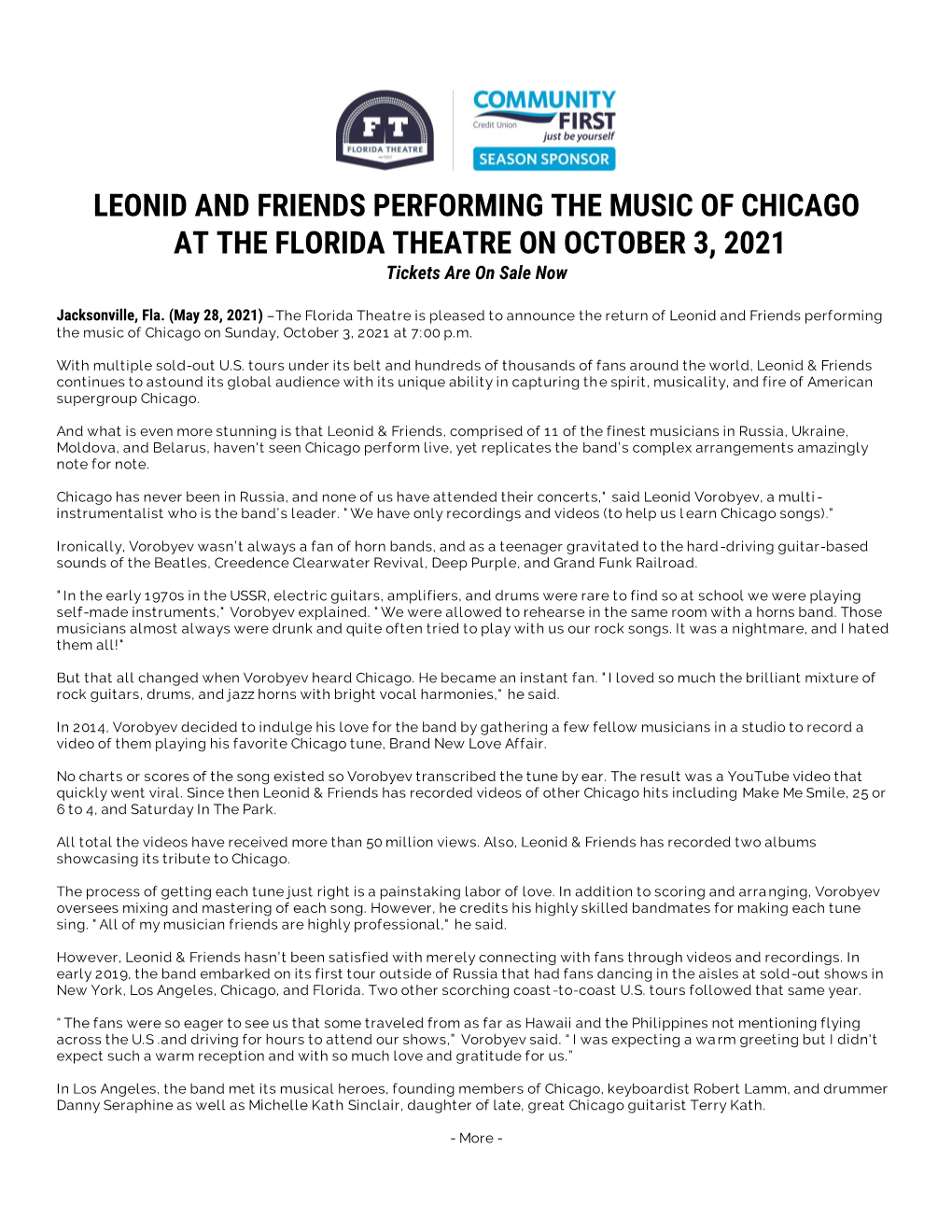 LEONID and FRIENDS PERFORMING the MUSIC of CHICAGO at the FLORIDA THEATRE on OCTOBER 3, 2021 Tickets Are on Sale Now