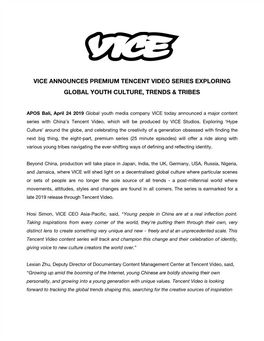 Vice Announces Premium Tencent Video Series Exploring Global Youth Culture, Trends & Tribes