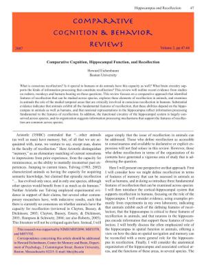 Comparative Cognition, Hippocampal Function, and Recollection
