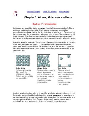 Chapter 1: Atoms, Molecules and Ions