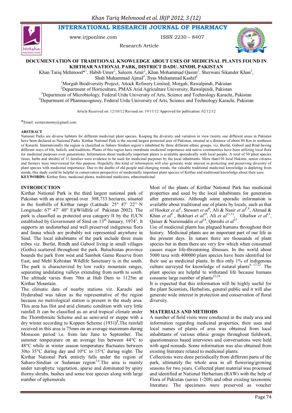 Khan Tariq Mehmood Et Al. IRJP 2012, 3 (12) INTERNATIONAL RESEARCH JOURNAL of PHARMACY ISSN 2230 – 8407 Research Article