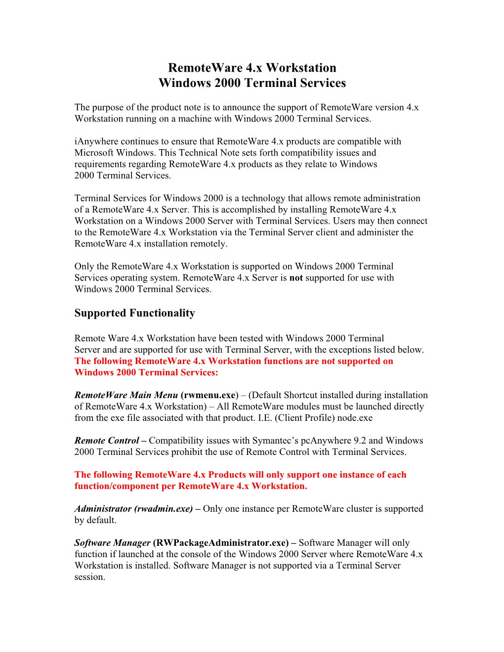 Remoteware 4.X Workstation Windows 2000 Terminal Services