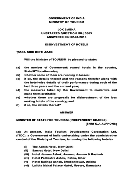 Government of India Ministry of Tourism Lok Sabha Unstarred Question No.†5563 Answered on 02.04.2018 Disinvestment of Hotels