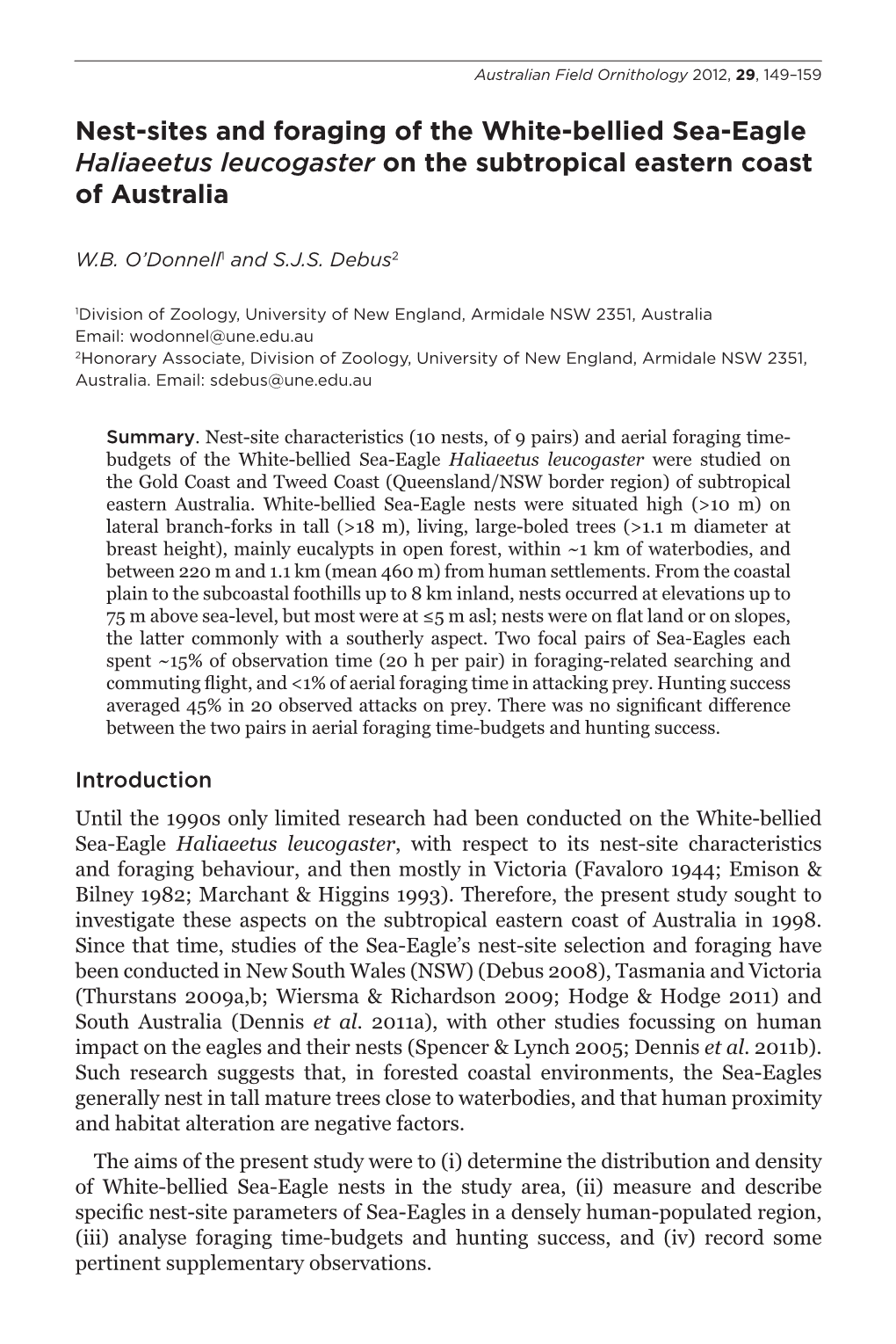 Nest-Sites and Foraging of the White-Bellied Sea-Eagle Haliaeetus Leucogaster on the Subtropical Eastern Coast of Australia