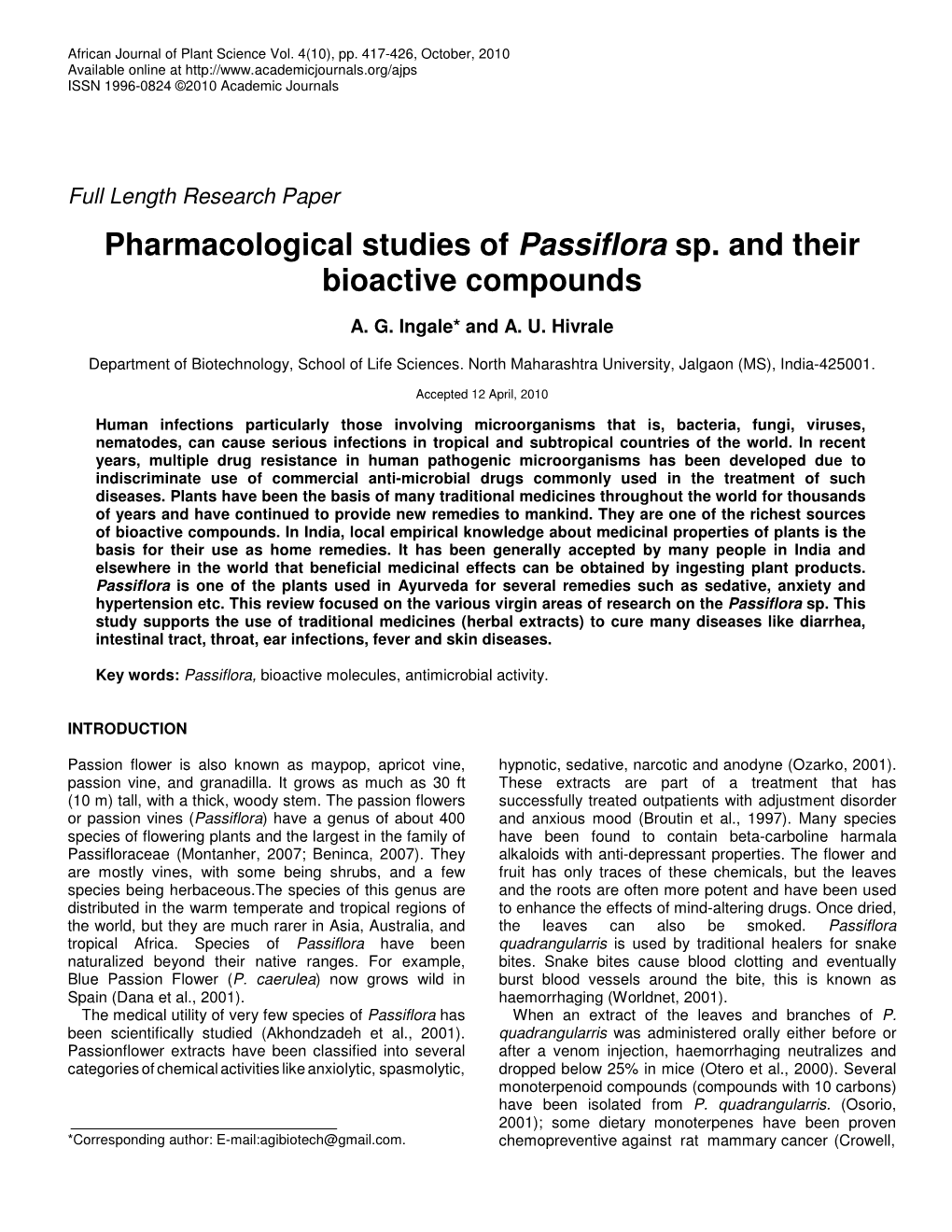 Pharmacological Studies of Passiflora Sp. and Their Bioactive Compounds