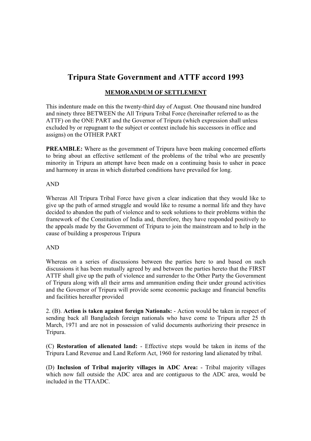 Tripura State Government and ATTF Accord 1993