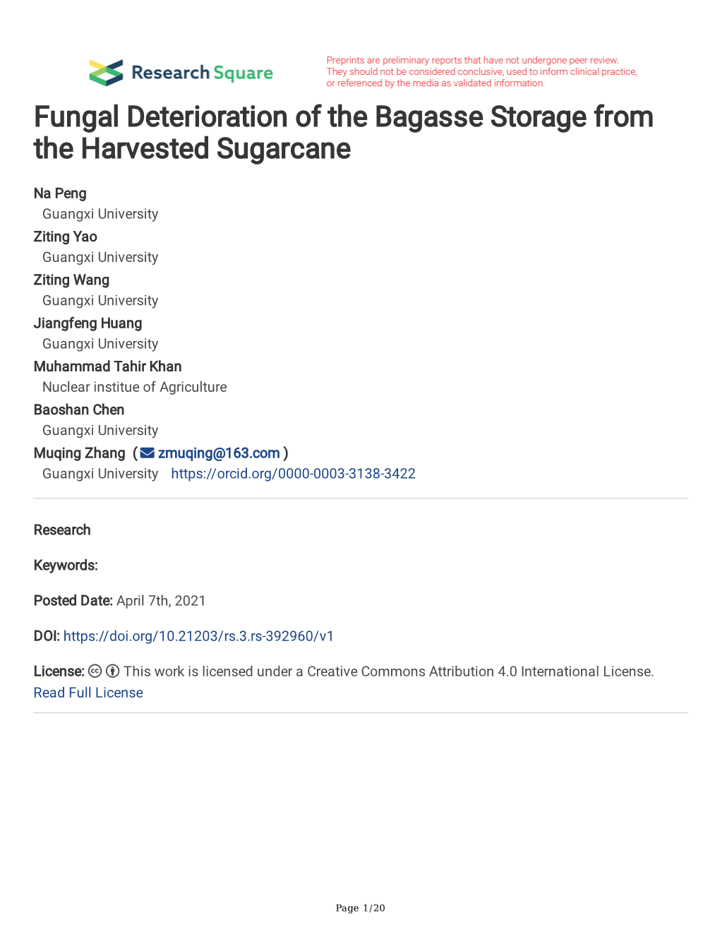 Fungal Deterioration of the Bagasse Storage from the Harvested Sugarcane