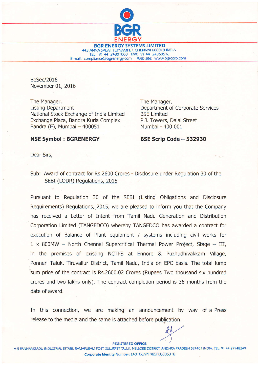 ENERGY Has Received a Letter of Intent from Tamil Nadu Generation