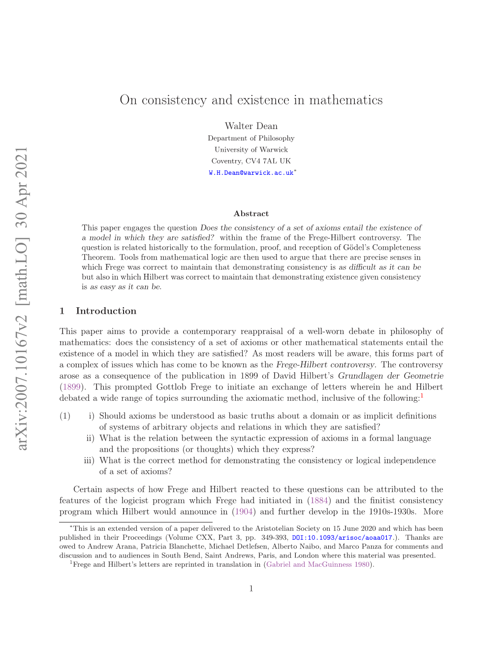 On Consistency and Existence in Mathematics