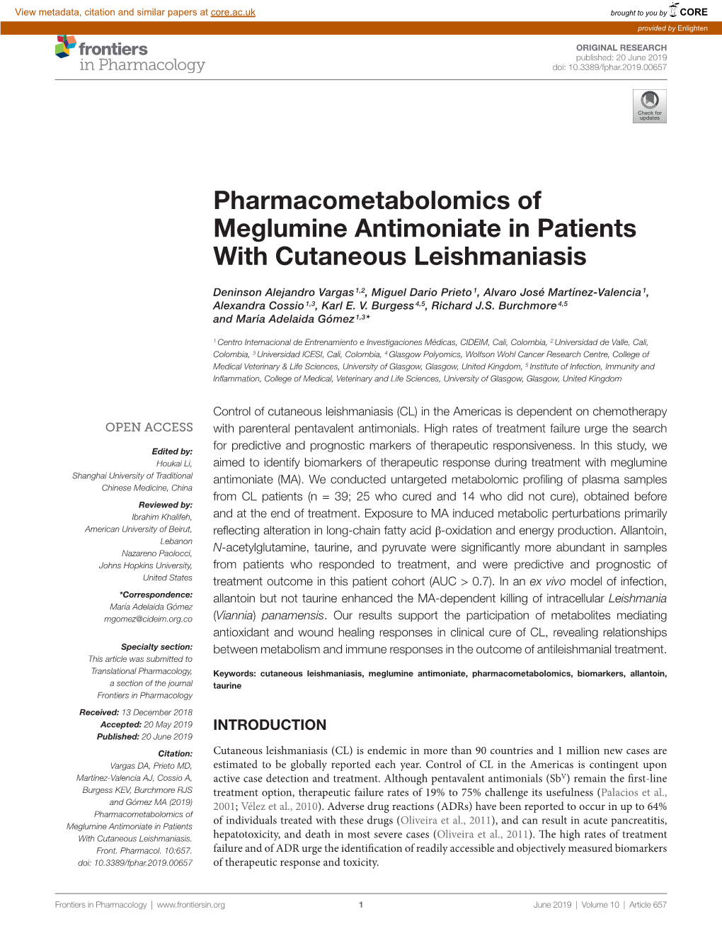 Pharmacometabolomics of Meglumine Antimoniate in Patients with Cutaneous Leishmaniasis