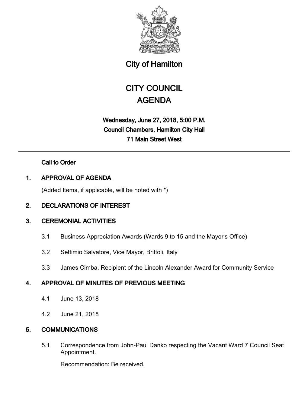 City of Hamilton Agenda Package