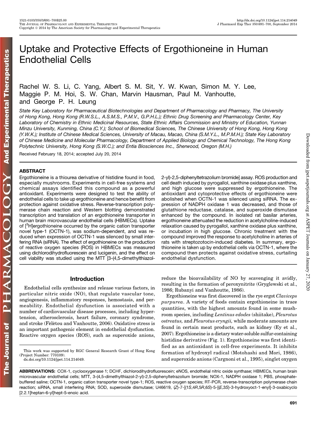 Uptake and Protective Effects of Ergothioneine in Human Endothelial Cells