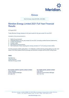 Meridian Energy Limited 2021 Full Year Financial Results