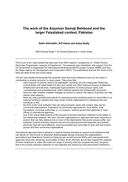 The Work of the Anjuman Samaji Behbood and the Larger Faisalabad Context, Pakistan