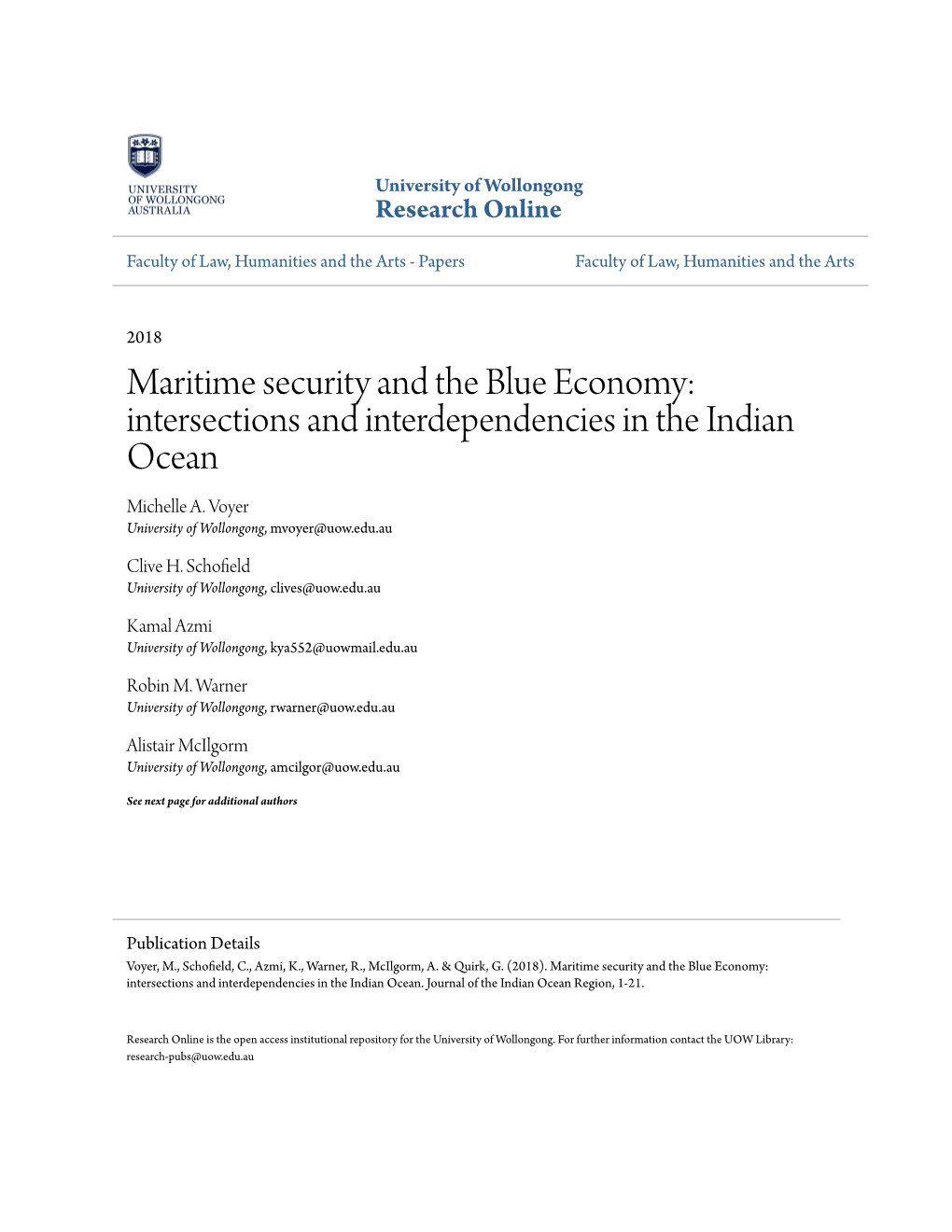 Maritime Security and the Blue Economy: Intersections and Interdependencies in the Indian Ocean Michelle A