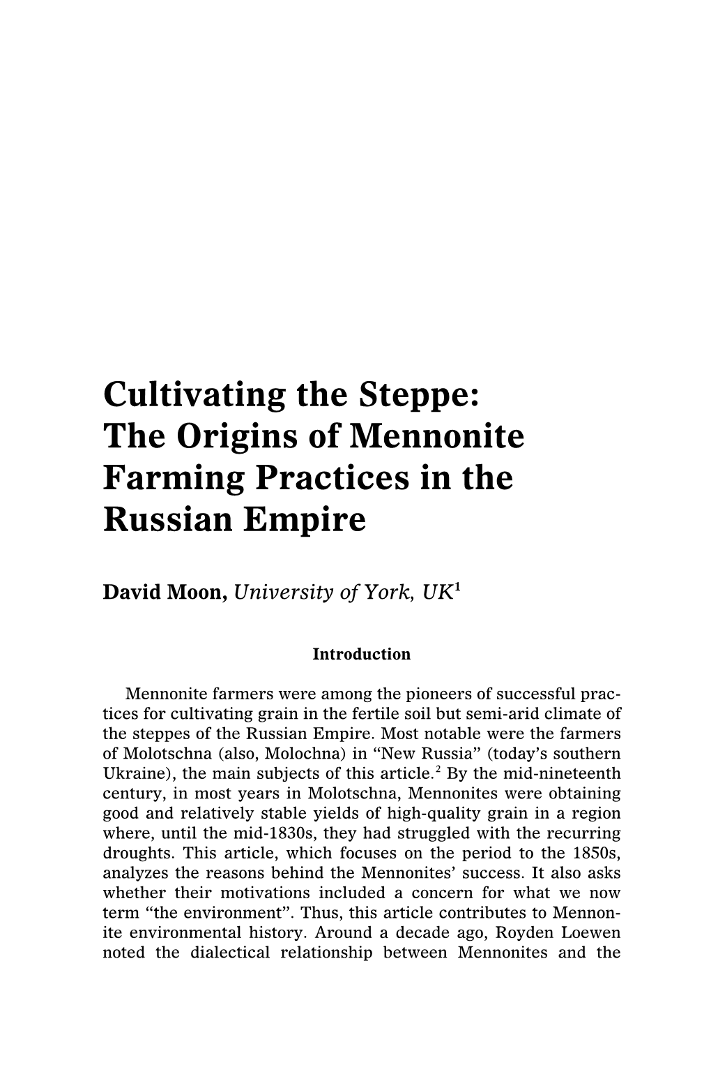 The Origins of Mennonite Farming Practices in the Russian Empire