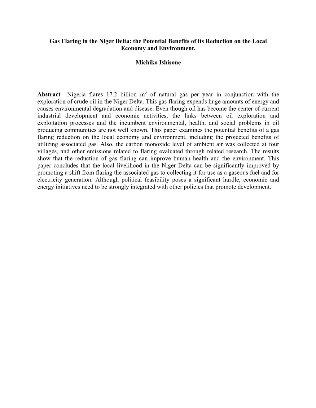 Gas Flaring in the Niger Delta: the Potential Benefits of Its Reduction on the Local Economy and Environment