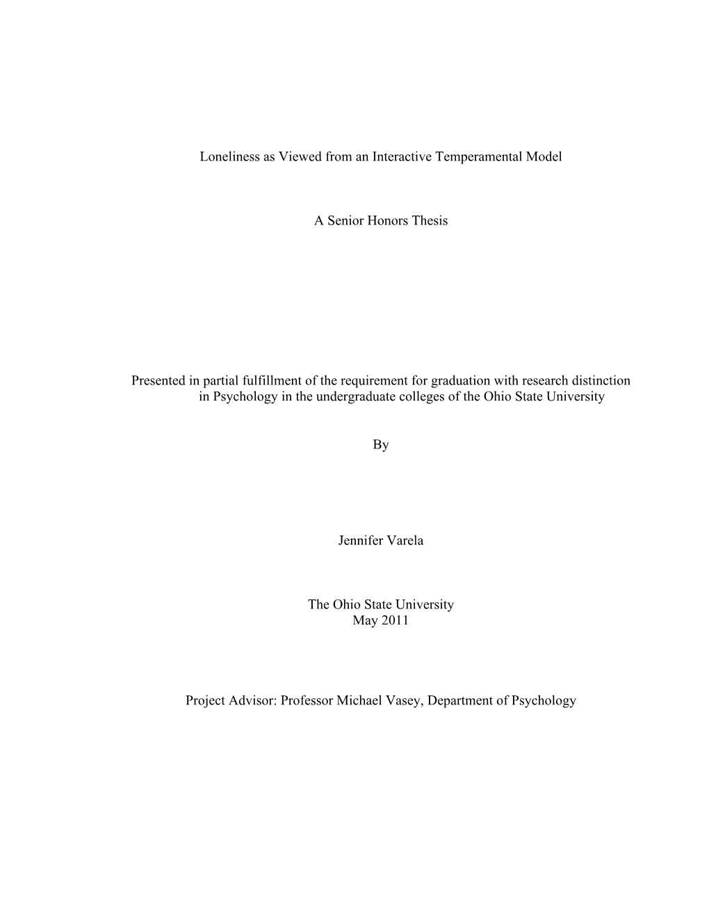 Loneliness As Viewed from an Interactive Temperamental Model A