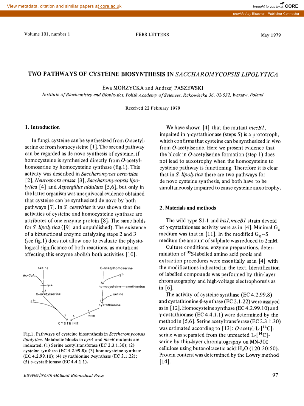 Two Pathways of Cysteine Biosynthesis in Saccharomycopsis Lipol Ytica