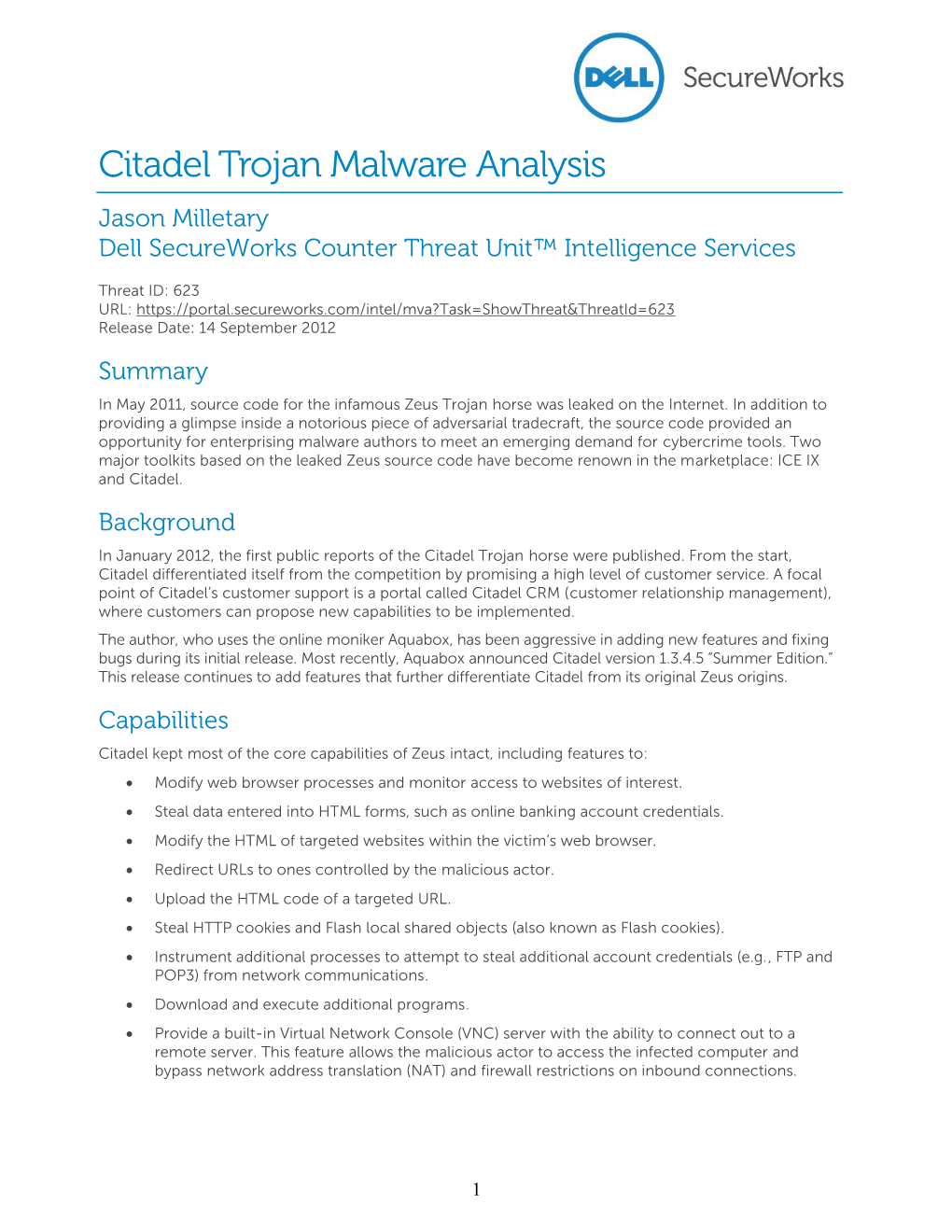 Citadel Trojan Malware Analysis Jason Milletary Dell Secureworks Counter Threat Unit™ Intelligence Services