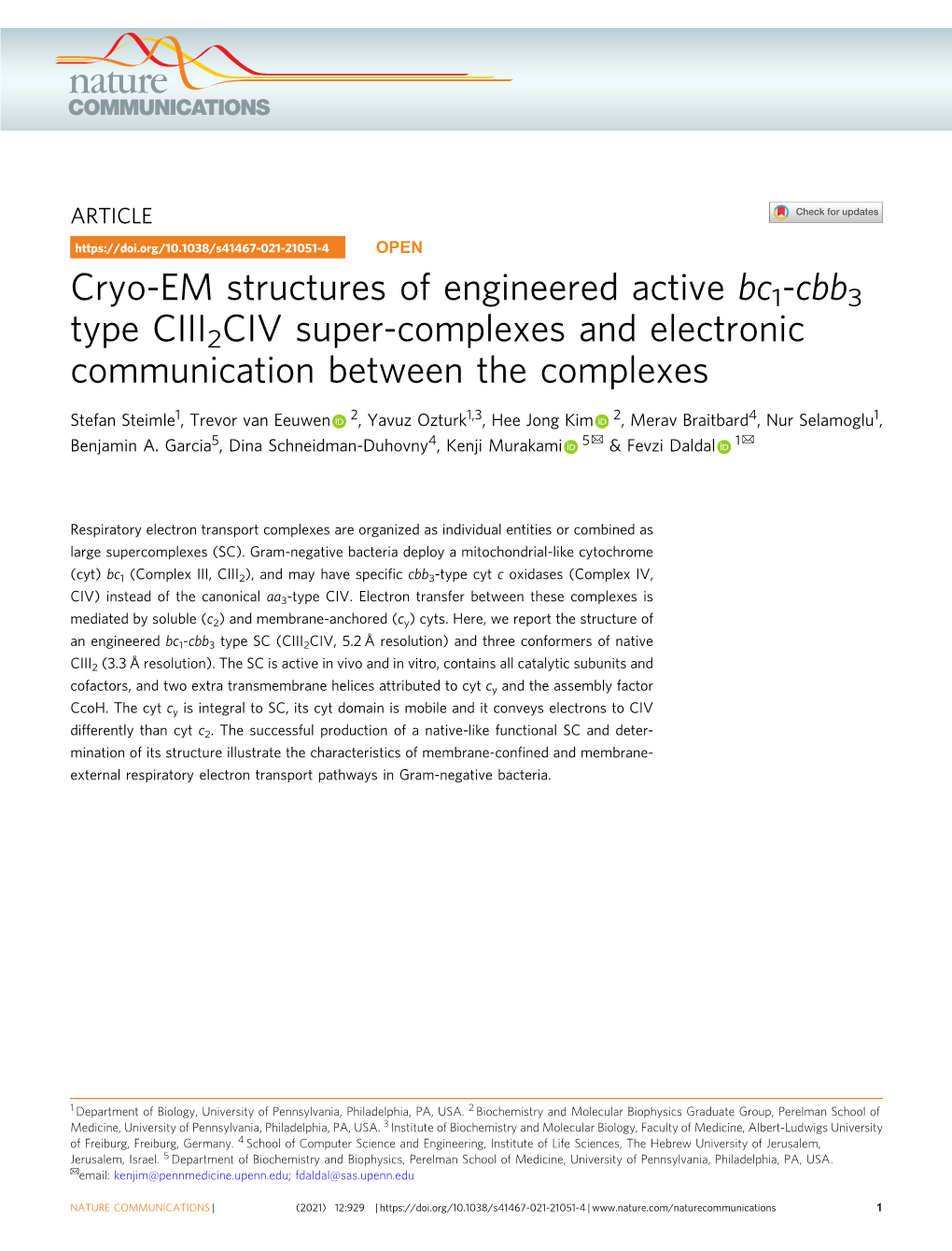 Cryo-EM Structures of Engineered Active Bc1-Cbb3 Type CIII2CIV Super-Complexes and Electronic Communication Between the Complexes