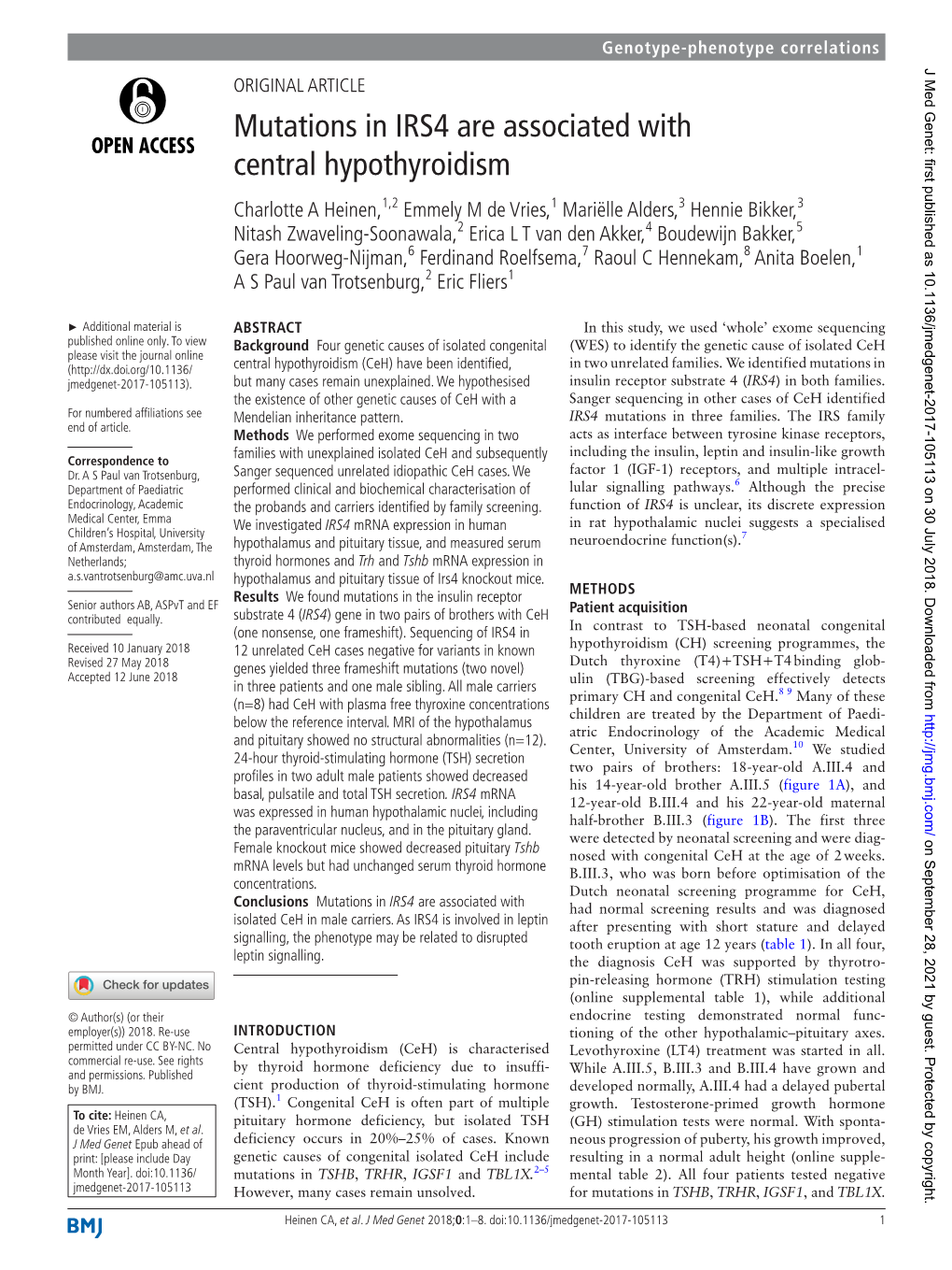 Mutations in IRS4 Are Associated with Central Hypothyroidism