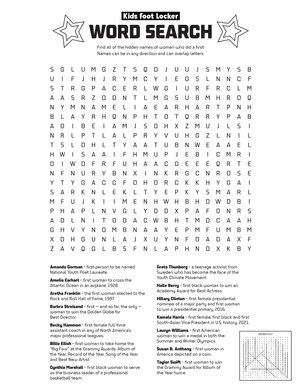 WORD SEARCH Find All of the Hidden Names of Women Who Did a First! Names Can Be in Any Direction and Can Overlap Letters
