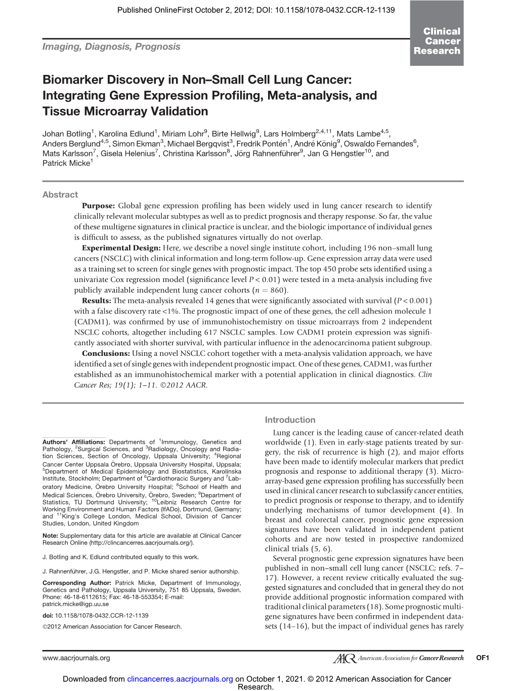 Integrating Gene Expression Profiling, Meta-Analysis, and Tissue Microarray Validation