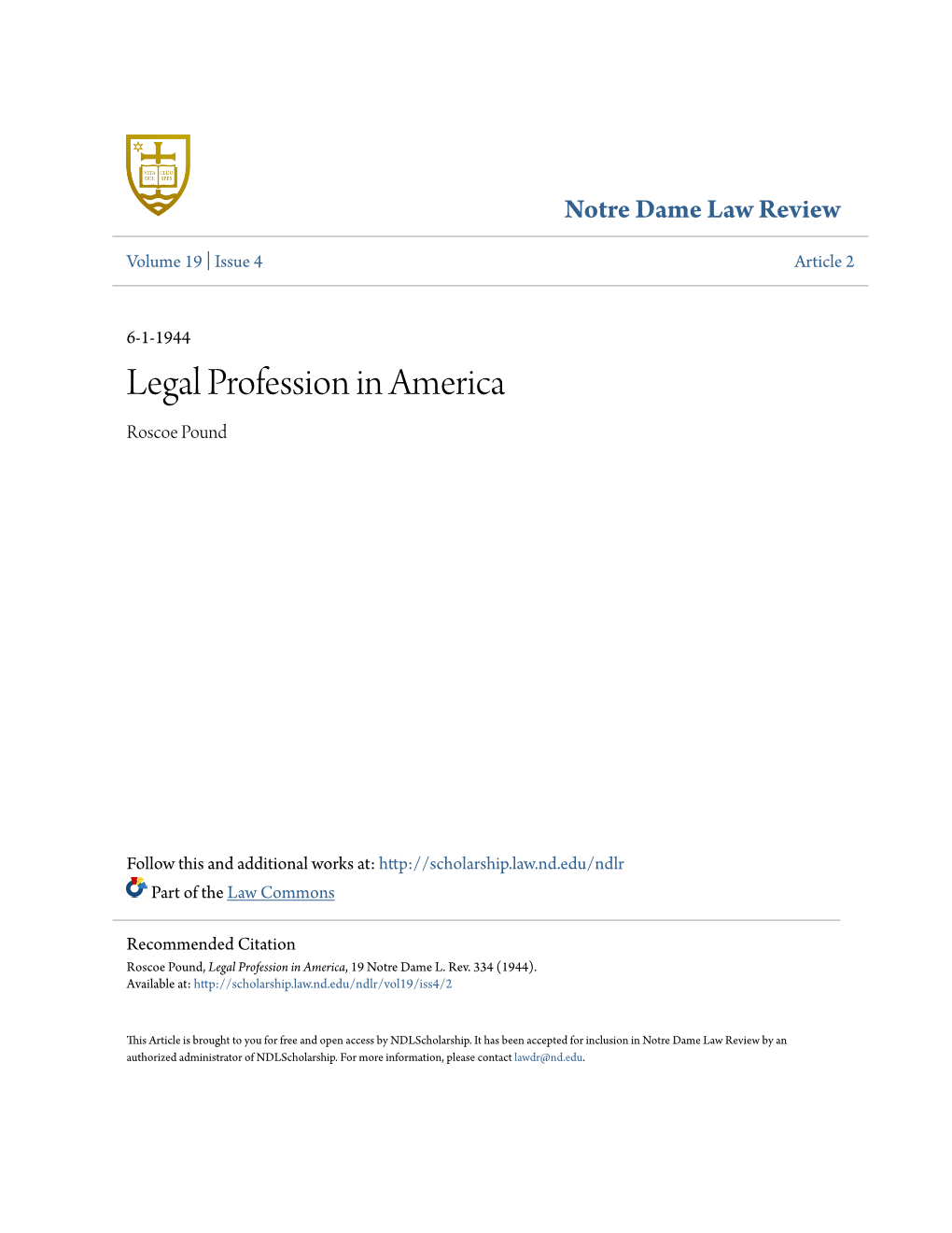 Legal Profession in America Roscoe Pound