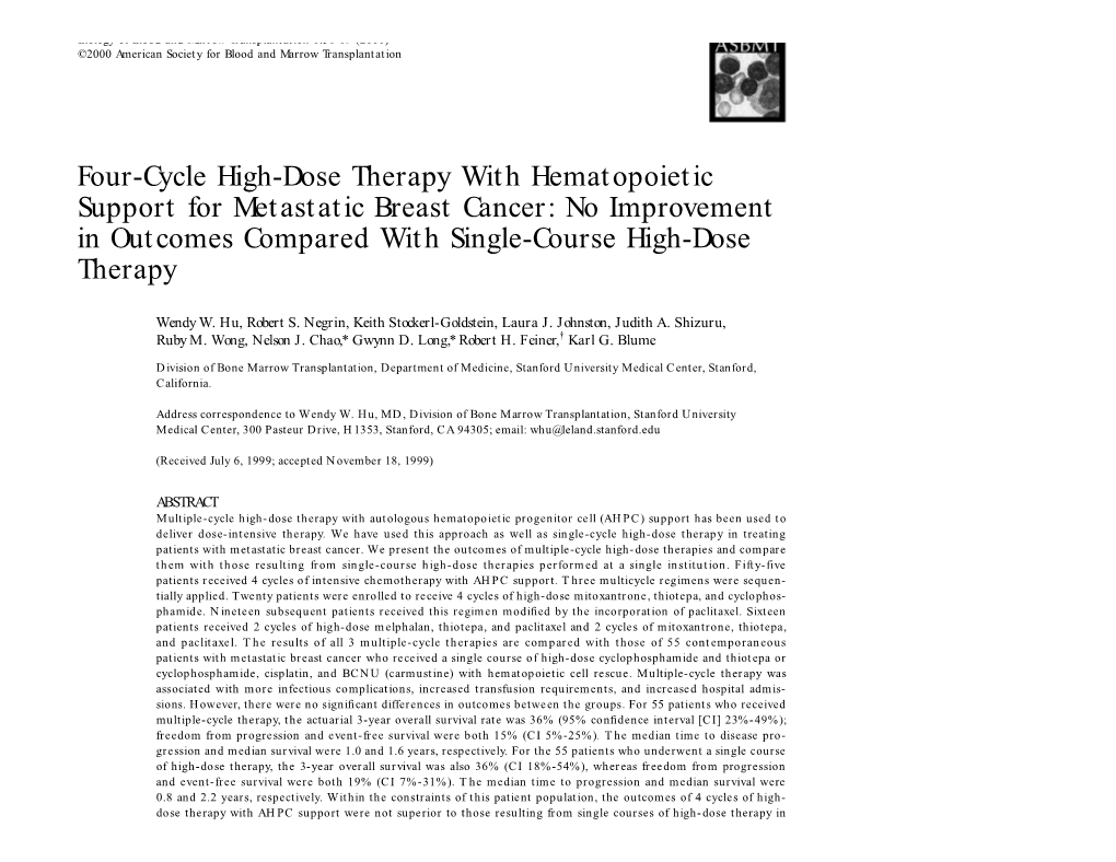 Four-Cycle High-Dose Therapy with Hematopoietic Support for Metastatic Breast Cancer: No Improvement in Outcomes Compared with Single-Course High-Dose Therapy